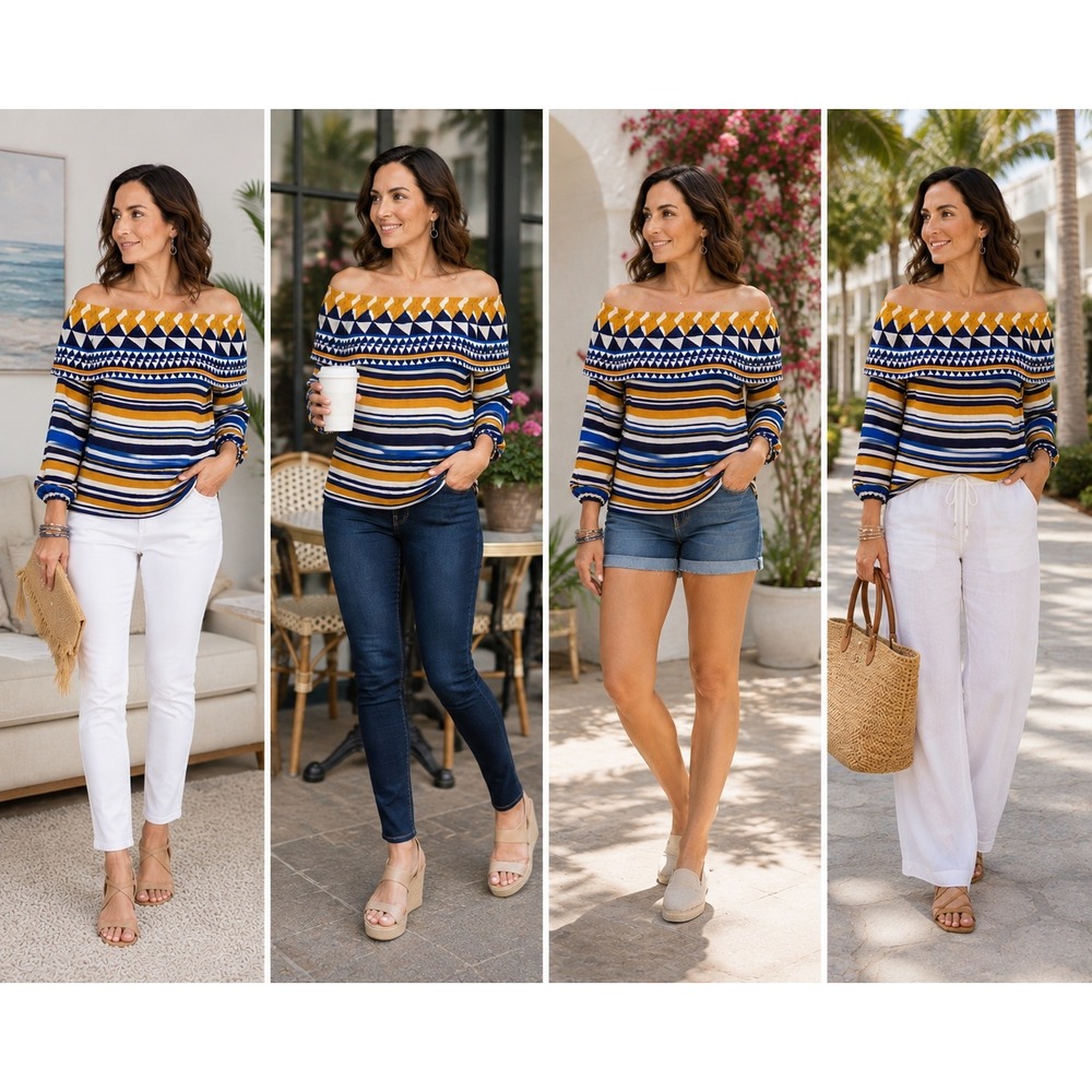 Chico's Off Shoulder Blouse Womens 2 Blue White Mustard Geometric Striped Top
